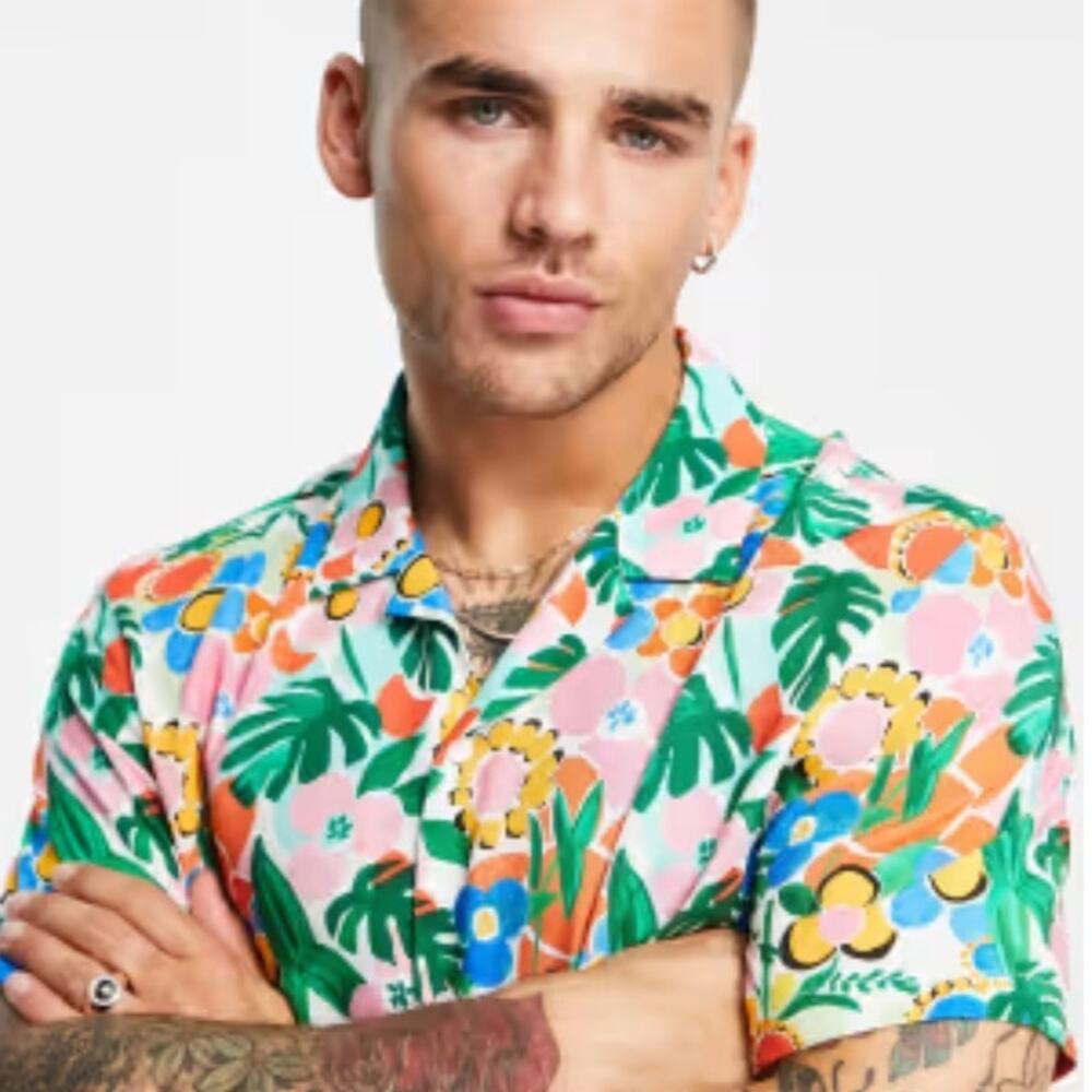 ASOS Design Camp Collar Shirt Mens Large Bright Floral Print Tropical Colorful